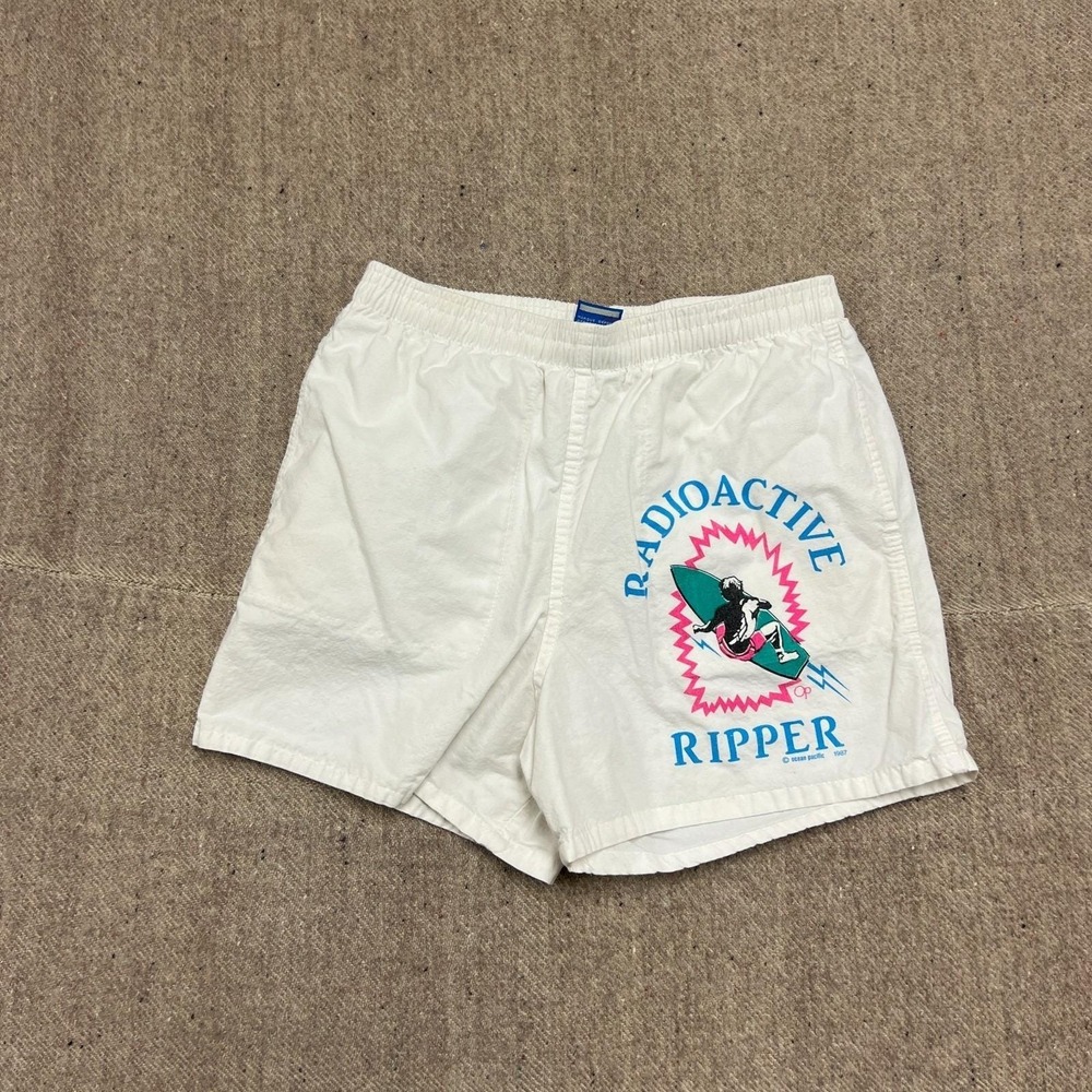 Vintage Ocean Pacific Swim Trunks Mens Small White 1980s Radioactive Ripper